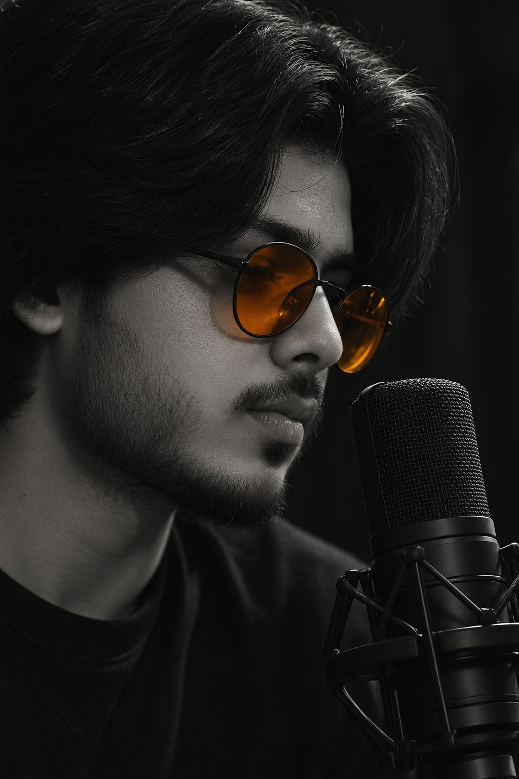 MEHAR-OG recording at a studio microphone, amber shades