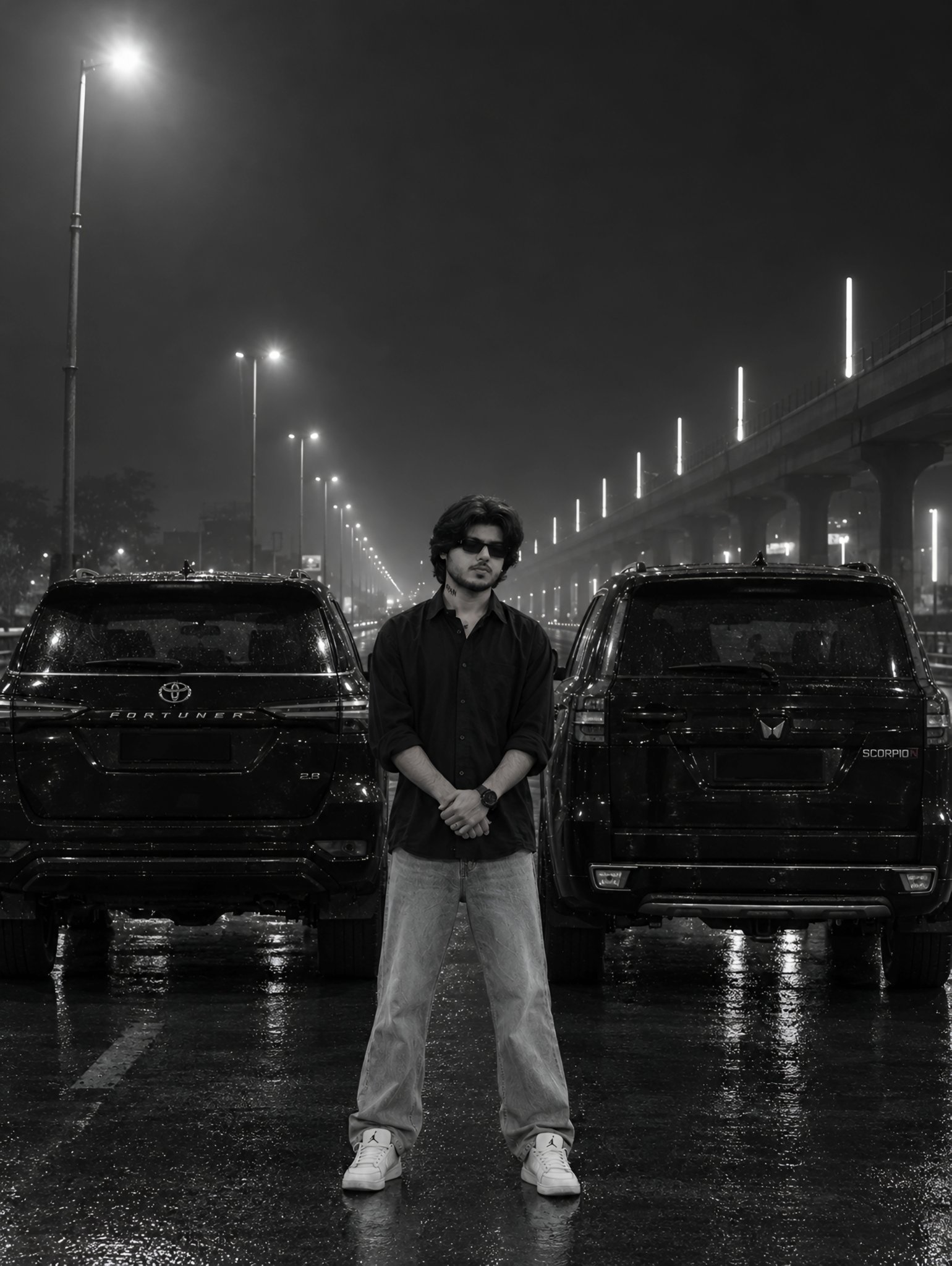 MEHAR-OG standing between two black SUVs on a wet city road at night
