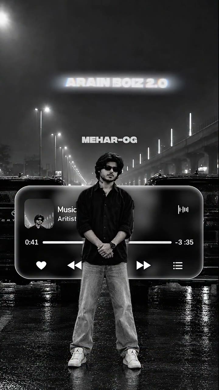 MEHAR-OG standing between two black SUVs on a wet city road at night