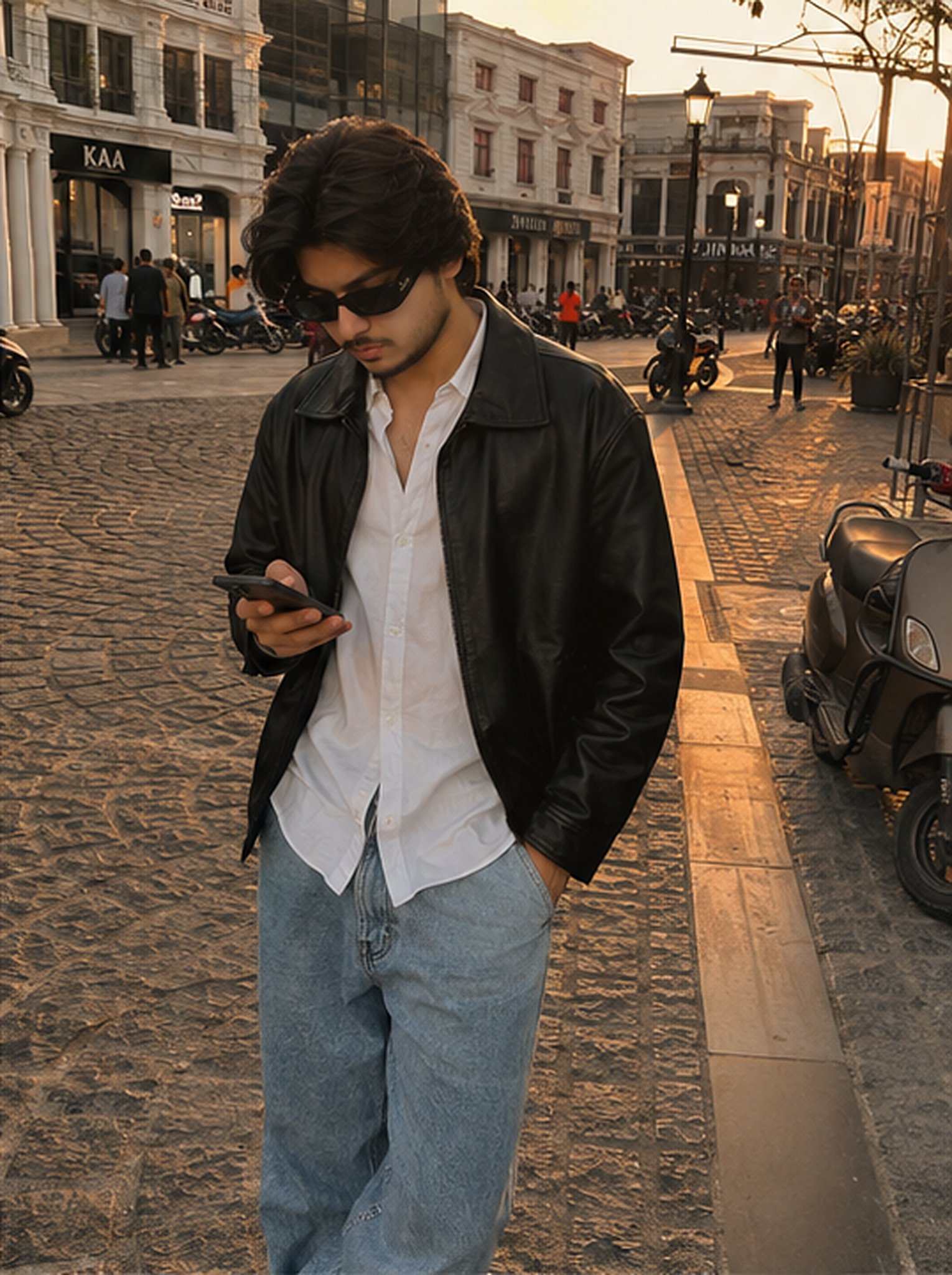 MEHAR-OG in a leather jacket on a city street at golden hour