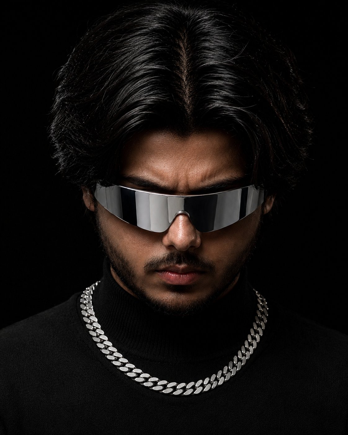 MEHAR-OG portrait with mirrored visor shades and silver chain
